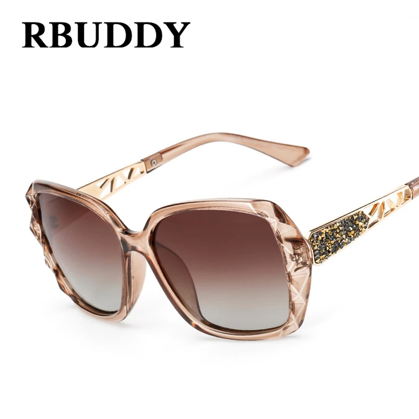 RBUDDY Поляризованные солнцезащитные очки женщин Rhinestones Square Зеркало негабаритных