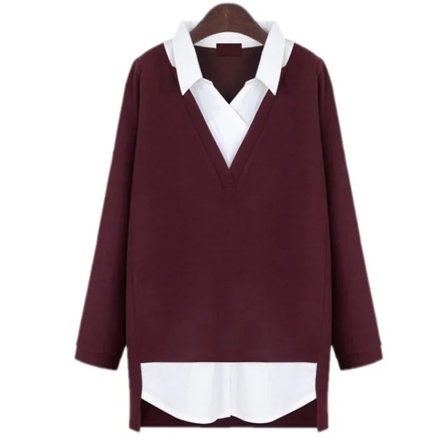 red Новая мода tricot blusas женские топы Поддельные двухсекционные рубашки свитер с отложным воротником Женская одежда свитер плюс размер 5XL - Цвет: red