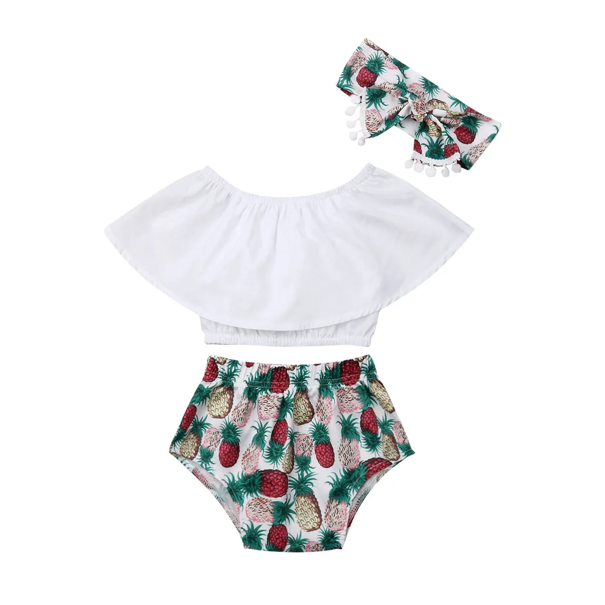 

0-3T Baby Summer 3Pcs Outfits Babies Pineapple Print Clothing Sets Kids Girl Lotus Leaf Collar Crop Top Shorts Briefs Headband