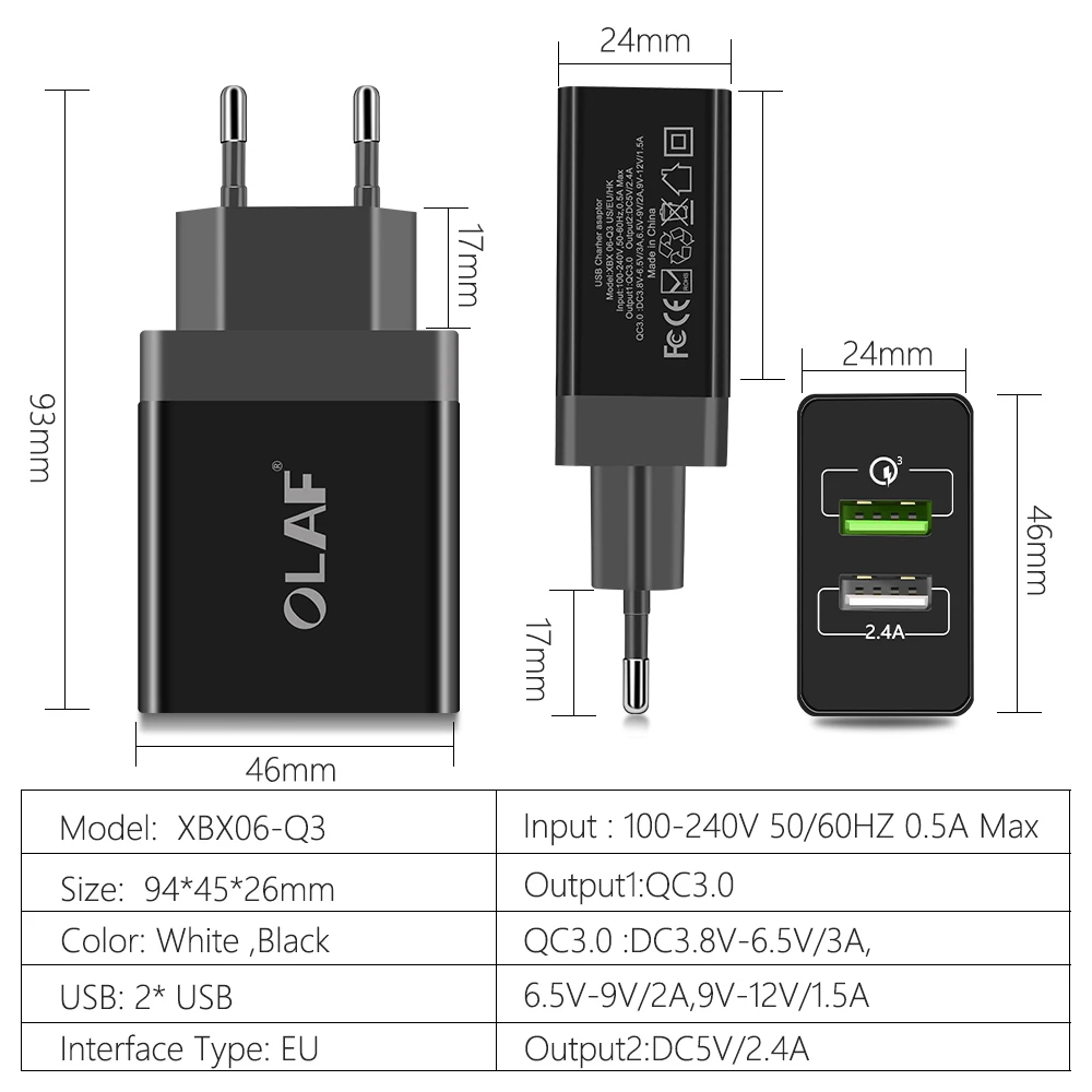 Олаф 5 В в 3A зарядное устройство для мобильного телефона 30 Вт USB iPhone 7 Быстрая