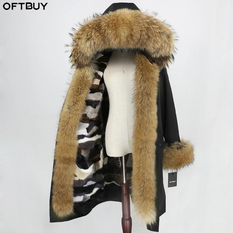 OFTBUY X-long Parka водонепроницаемая верхняя одежда зимняя куртка женская шуба из натурального меха енота Капор из норки съемная меховая подкладка