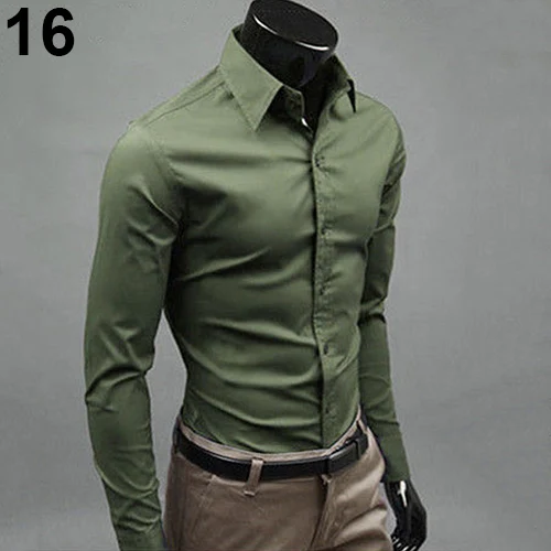Army Green Мужская модная повседневная однотонная приталенная Мужская рубашка ярких цветов с длинным рукавом, мужские рубашки из хлопка и полиэстера, рубашки для мальчиков, короткий топ, 15 - Color: Army Green