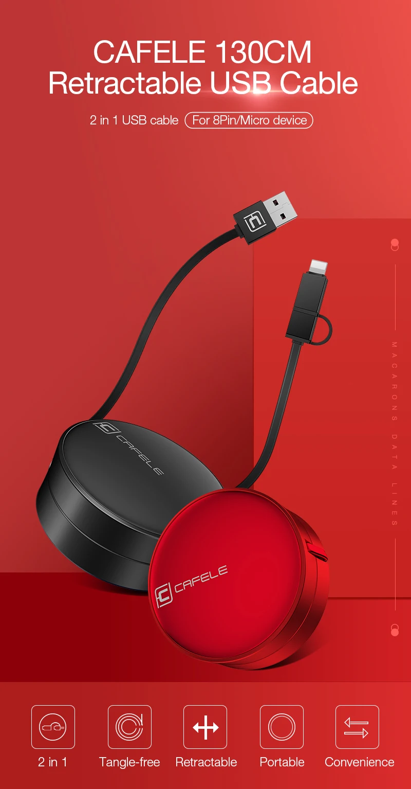 Cafele, 2 в 1, Выдвижной USB кабель, 8 Pin, Micro USB кабель, 130 см, цинковый сплав, кабель USB для синхронизации данных, для iPhone X, Xs, 8, 7, Xiaomi, huawei