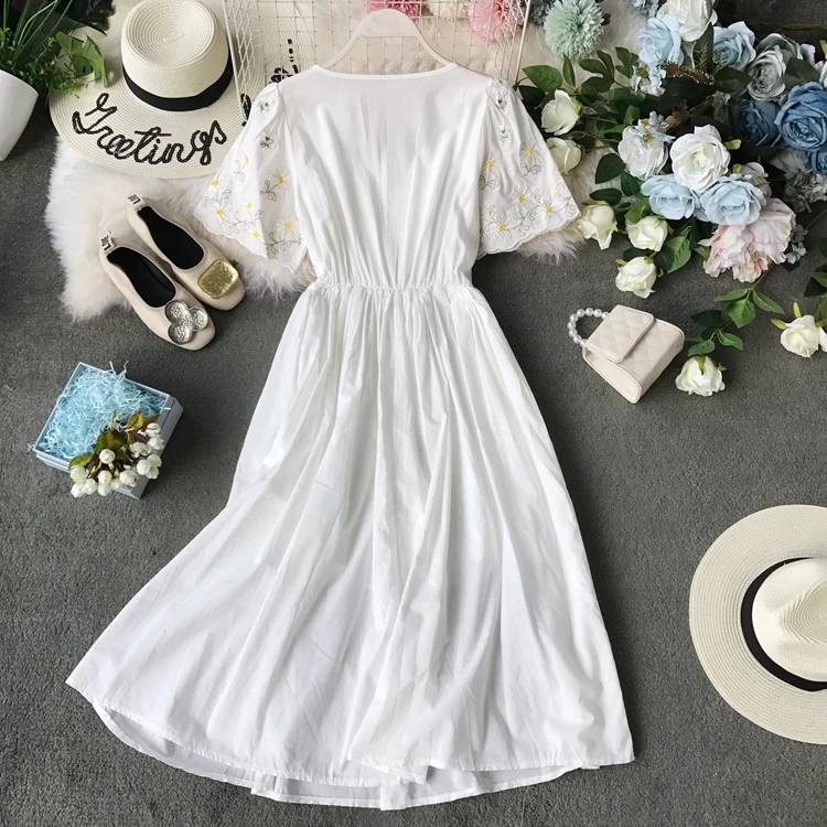ALPHALMODA, новинка, платье с цветочной вышивкой для морского отдыха, квадратный воротник, расклешенный рукав, платье, тайское, аккуратное, до середины икры, Vestidos