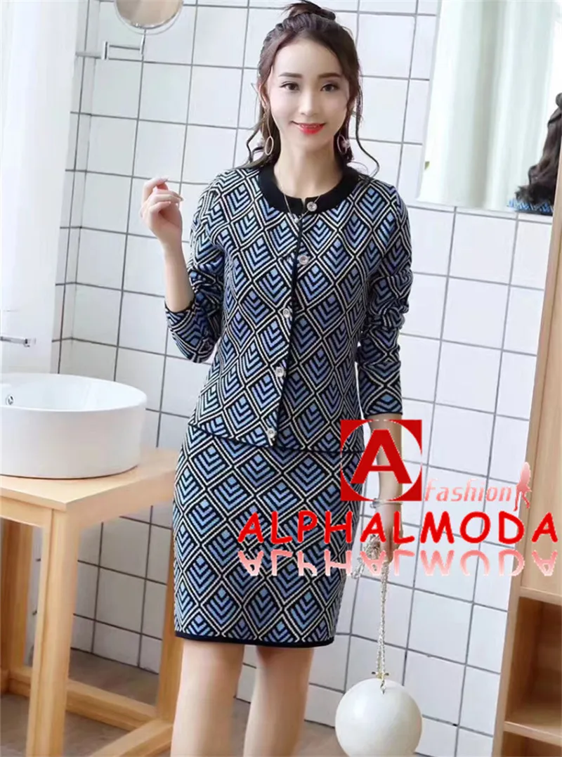 [ALPHALMODA] OL Элегантные комплекты одежды, зимние однобортные кардиганы с геометрическим узором и длинными рукавами, юбки, вязаные комплекты