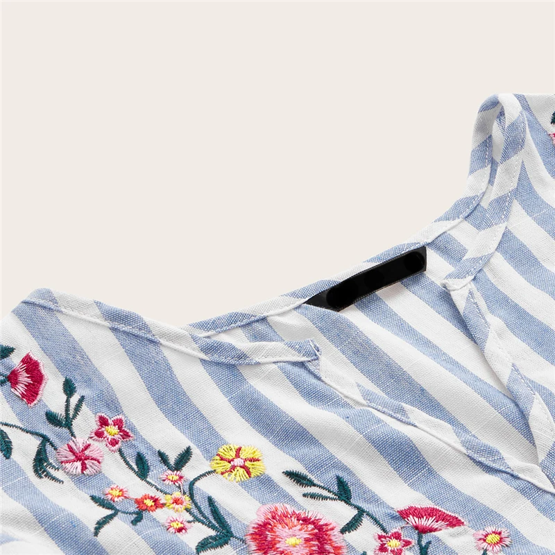 Dotfashion женская блузка с v-образным вырезом и рюшами, пройма с цветочной вышивкой, летний топ, модные блузки для женщин, топы в синюю полоску