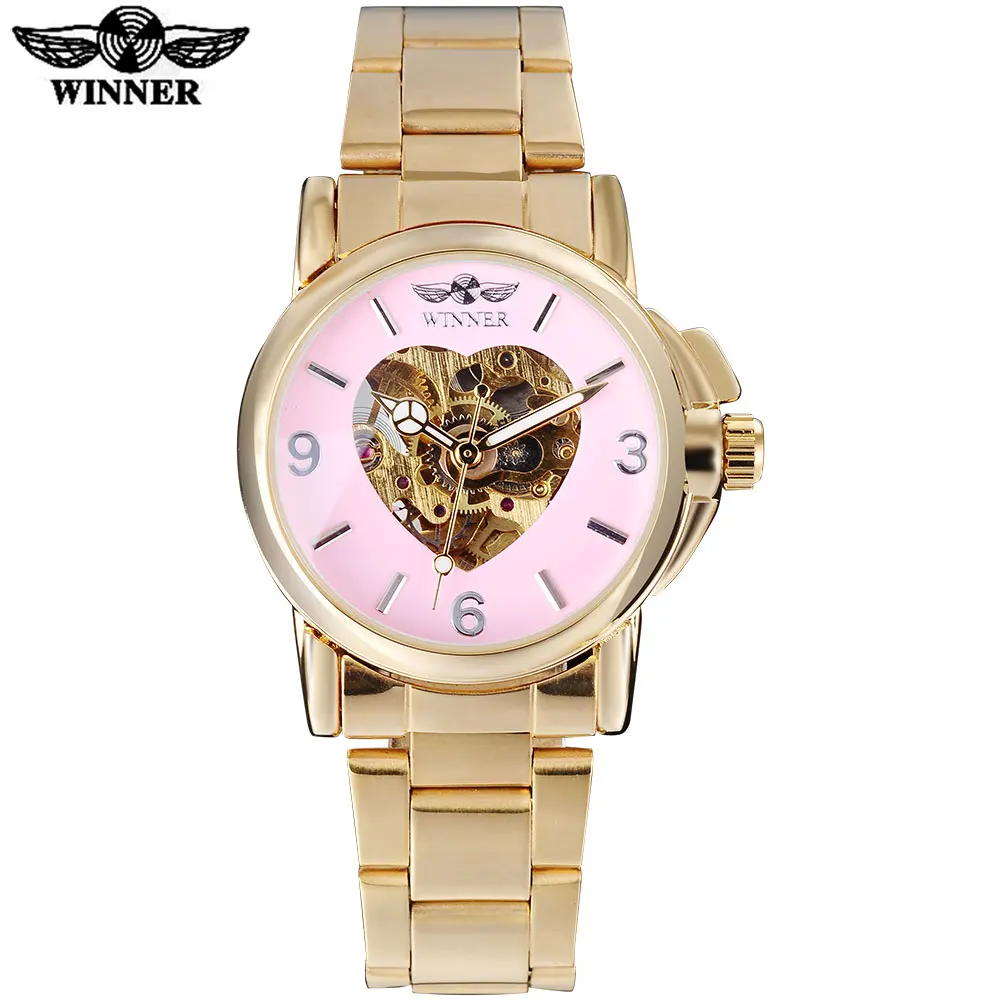 

2016 WINNER famous brand women watch fashion automatic self wind watch skeleton pink dial transparent glass stainless steel band