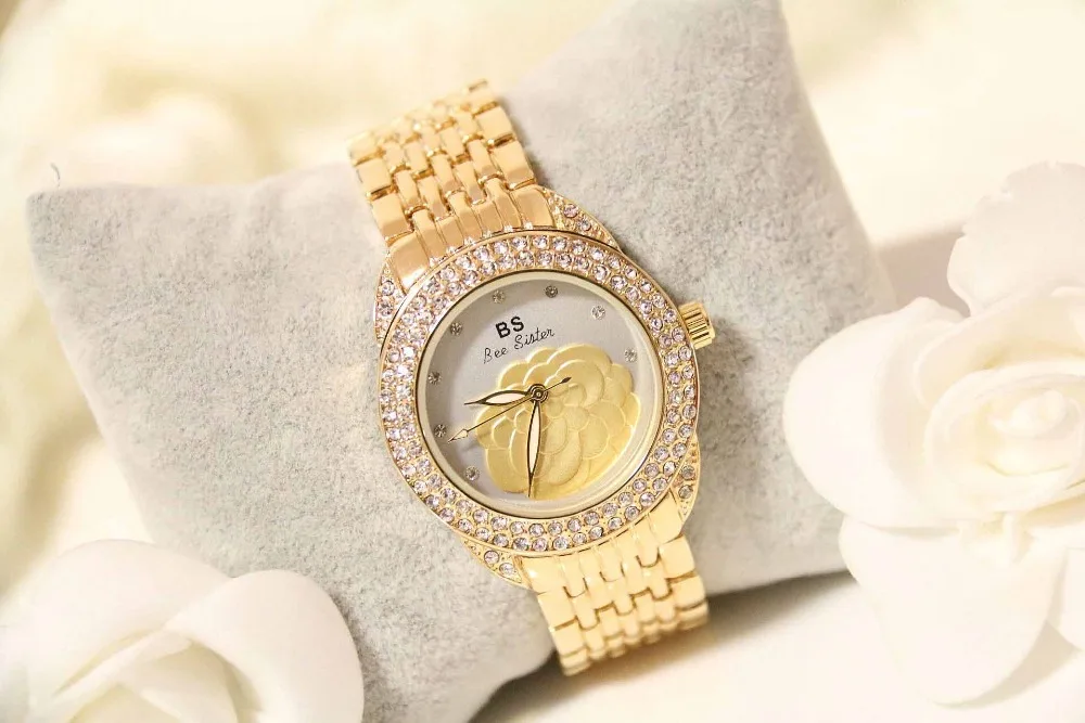 Часы BS брендовые Роскошные модные с бриллиантами кварцевые золотые женские
