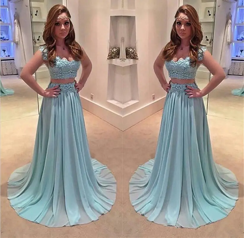 Длинные шифоновые платья для выпускного вечера из двух предметов светло голубое
