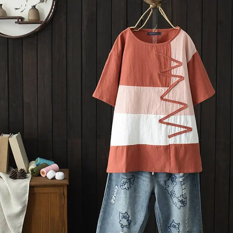 Orange ZANZEA Women Summer Short Sleeve Tunic Tops Vintage Shirt Robe Femme Patchwork Blusas Plus Size Cotton Linen Blouse Chemise 5XL - Цвет: Orange