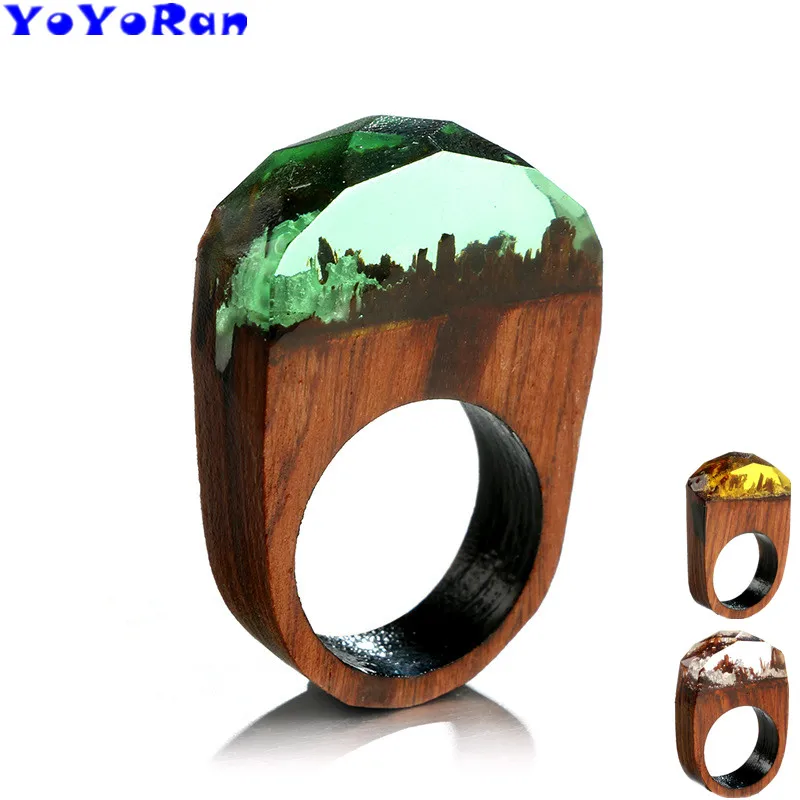 YOYORan 1PC wood arc-shaped crystal city building finger ring for man woman 3 Color acrylic cartoon irregular jewelry gift | Украшения и