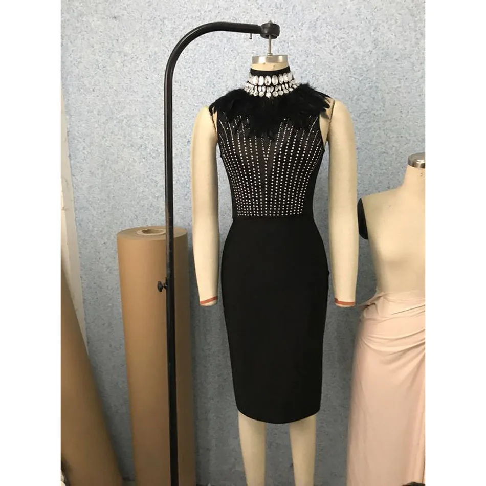 2018 Новое Женское Бандажное платье без рукавов Черное перьевое Клубное с бусинами