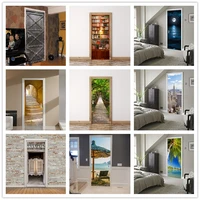 3d door stickers stair bookcase city landscape moon wall paper for gate decoration refresh wooden door poster paste 200cm77cm