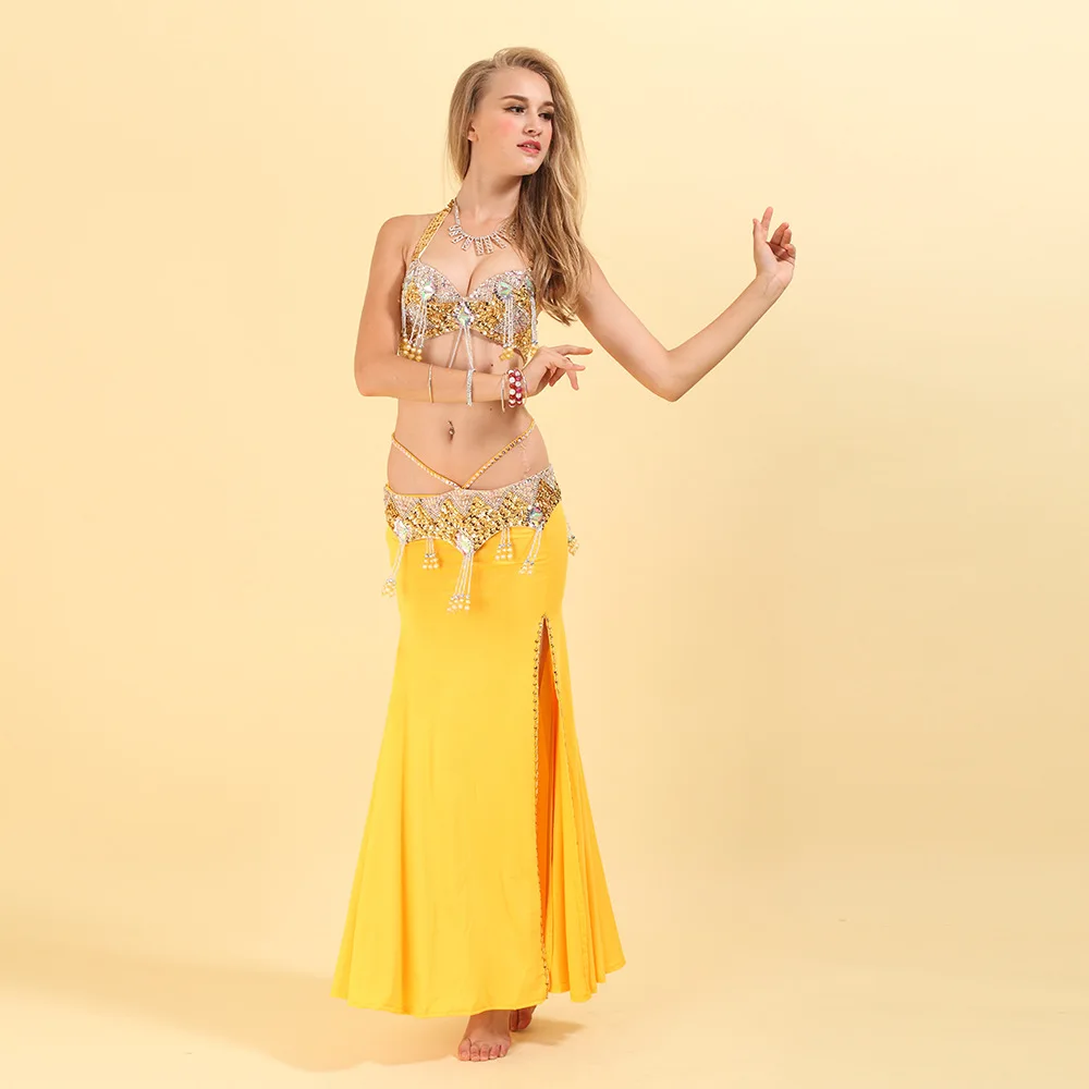 Professional Dance Wear Belly Dance Clothes 3 pcs Beaded Bra Belt Skirt Set Women Oriental Dance Costumes