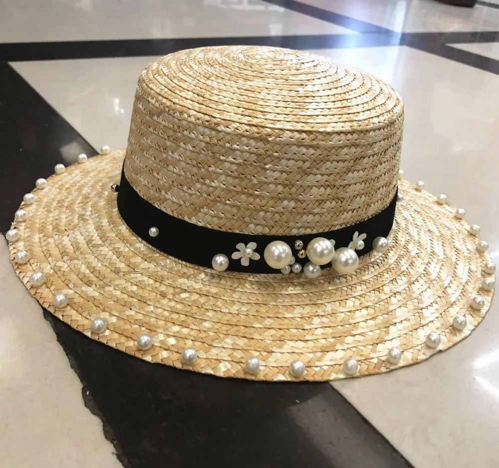 Wide Brim Pearls Straw Hat For Women Flat Top Summer Sun Hats Wheat Ladies beige Girl Beach Chapeu Feminino | Аксессуары для