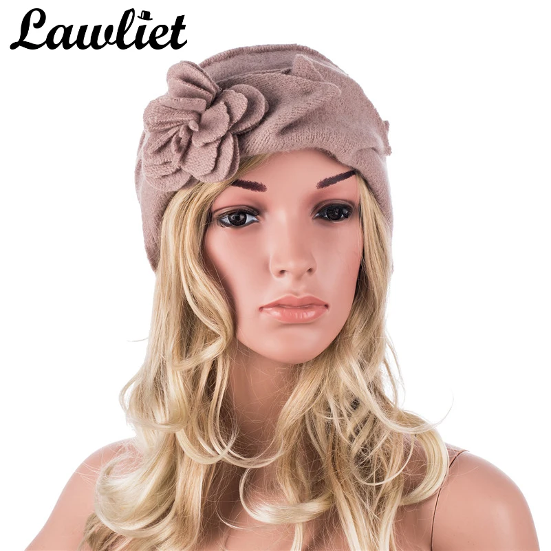 Lawliet шерстяная шапка, женские зимние шапки, одноцветные теплые вязаные дамские шапочки с цветком, Skullies Bonnet Femme Bucket Cloche, зимняя шапка A376
