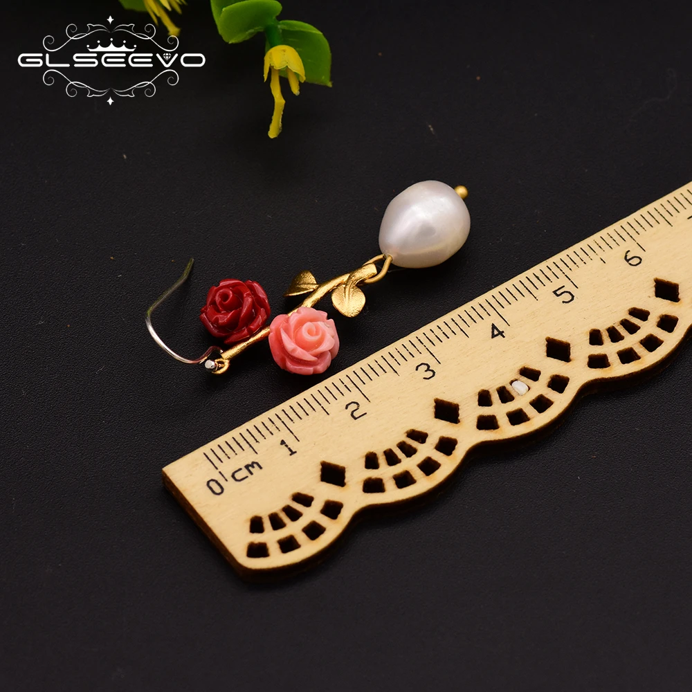 

GLSEEVO Natural FreshWater White Pearl Drop Earrings For Women Wedding Engagement Red Flower Fine Jewelry 2020 Trendy GE0038