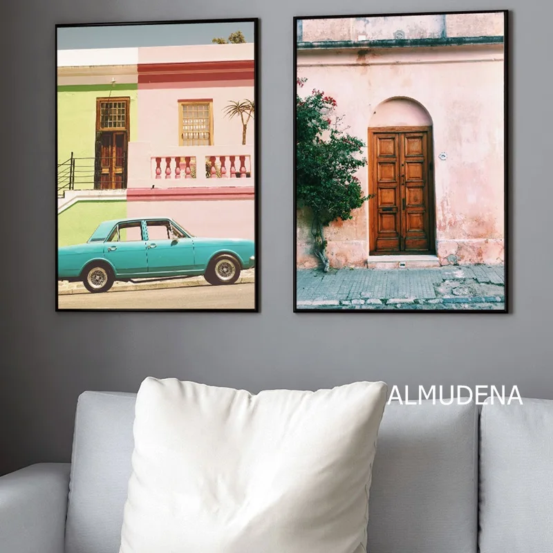 Тропический розовый автомобиль скандинавские плакаты и принты богемная дверь