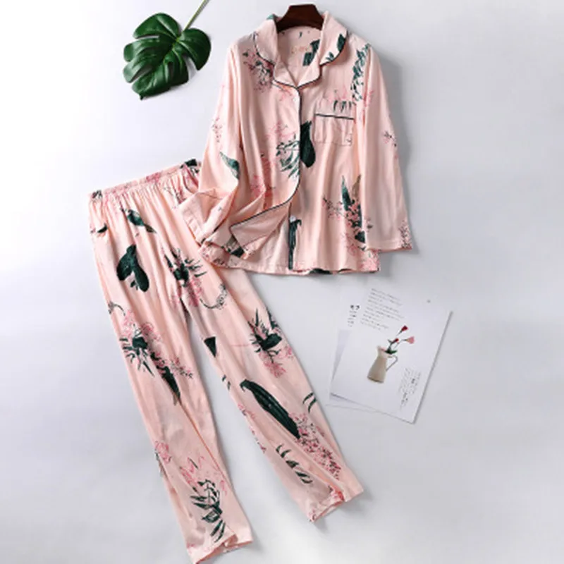 Cotton Style2 Хлопок осенний пижамный комплект Для женщин сексуальная пижама свободные Размеры женский длинный рукав; рубашка и штаны 2 шт./компл. домашняя одежда для сна - Цвет: Cotton Style2