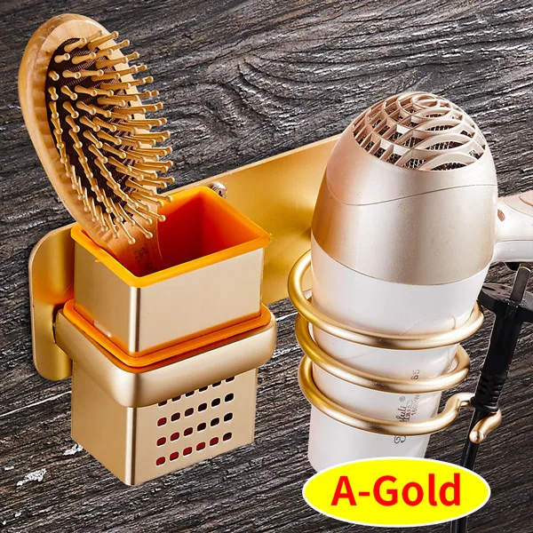 A-Gold Держатель для фена для ванной комнаты, настенная стойка, экономит пространство, алюминиевая многофункциональная полка для туалета, расческа для хранения волос, сушилка для волос, золотая - Цвет: A-Gold