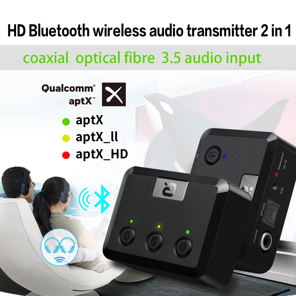 AptX низкая задержка оптический аудио Bluetooth 5 0 передатчик для двух наушников