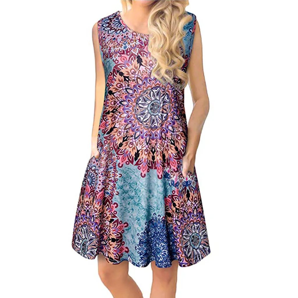 Sleeveless O-Neck Floral Knee-Length Dress Summer Vintage Printed Elegant Spring Vestido Verano | Женская одежда