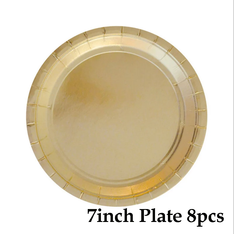 7inch plate 8pcs Вечерние одноразовые столовые приборы золотого цвета, бумажный поднос, тарелки, стаканчики, Бумажные Соломенные обертки для торта, украшения для дня рождения, детский набор для свадебной вечеринки - Цвет: 7inch plate 8pcs