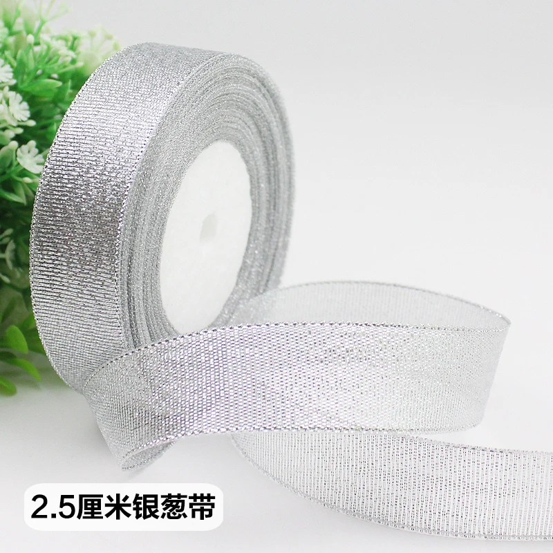 6-10-15-20-25-40-50mm Gold Silver Glitter Metallic Ribbons Christmas Halloween Wedding Birthday Party Decoration Gift Wrapping - Цвет: 25mm Silver