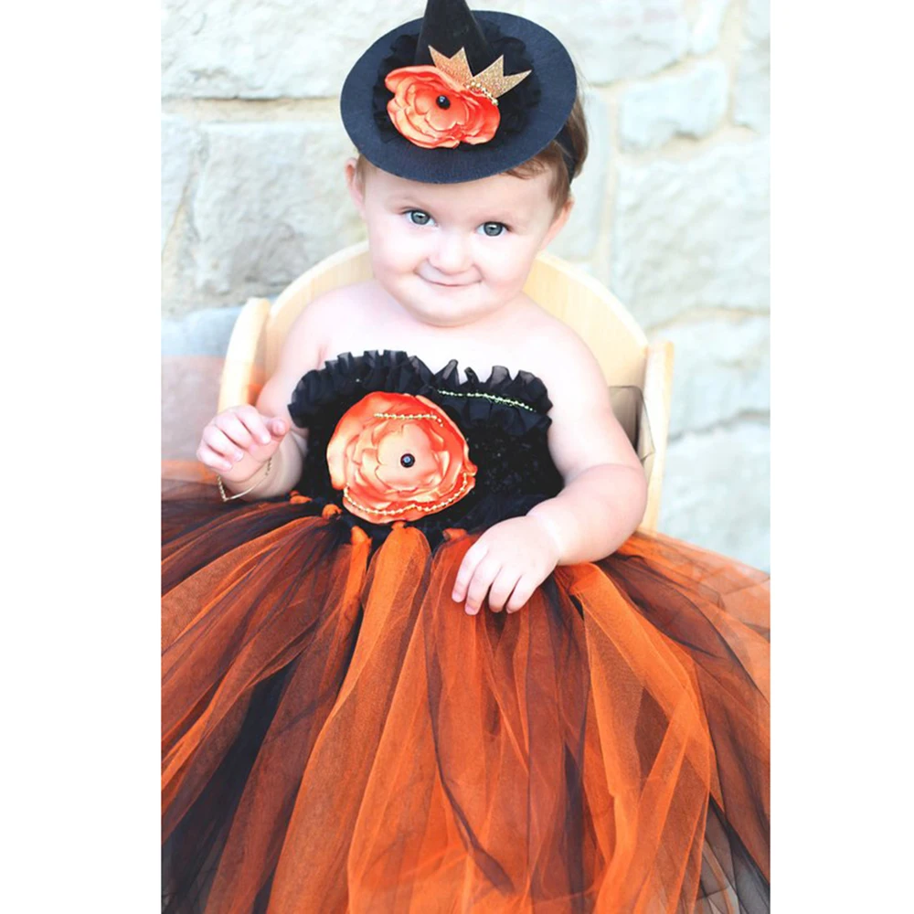 Halloween Thanksgiving Witch Tutu Dress Costume with Hat Orange Black Pumpkin Evil Sorceress Cosplay Clothes For Photos |