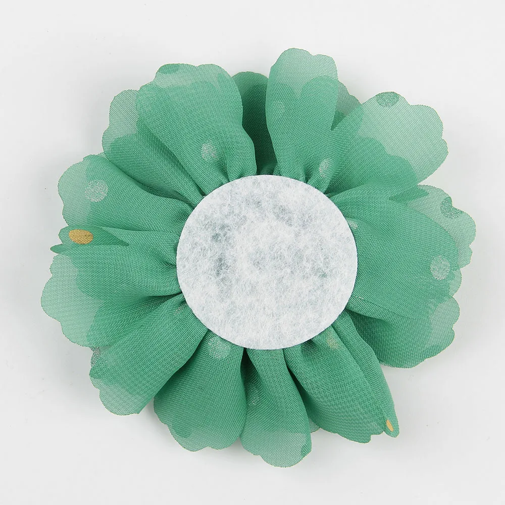 

Wholesale120pcs/lot DIY Colorful Chiffon Gold Polka Dotted Fabric Flower Flat Back For Headband Floral Hair Accessories