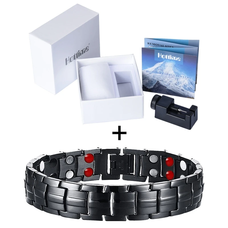 10142 Set Hottime Double Row Black Gun Plated Men Health Magnetic Bracelet Titanium Steel Bracelets For Man Magnet Energy Armband 10142 - Окраска металла: 10142 Set
