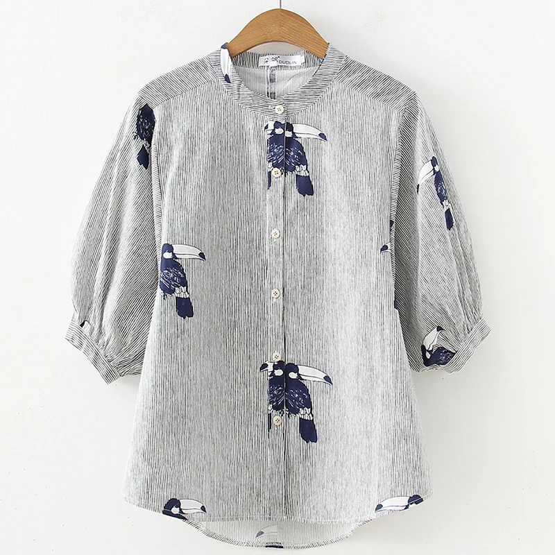 Женская блузка с длинным рукавом хлопковая и льняная пуговицами большие размеры