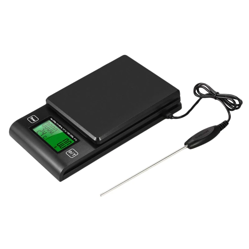 Black Цифровые кофейные весы, Многофункциональные кухонные весы с таймером, температурный зонд, ЖК-дисплей, зеленая подсветка, 2000 г/1 г - Цвет: Black
