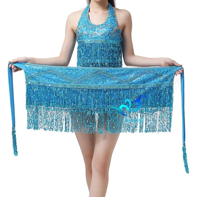 Light Blue Костюм для танца живота, хип-шарф, вечерние топы с бахромой и блестками, юбка для танца живота, пояс для танца живота, хипшарф - Цвет: Light Blue