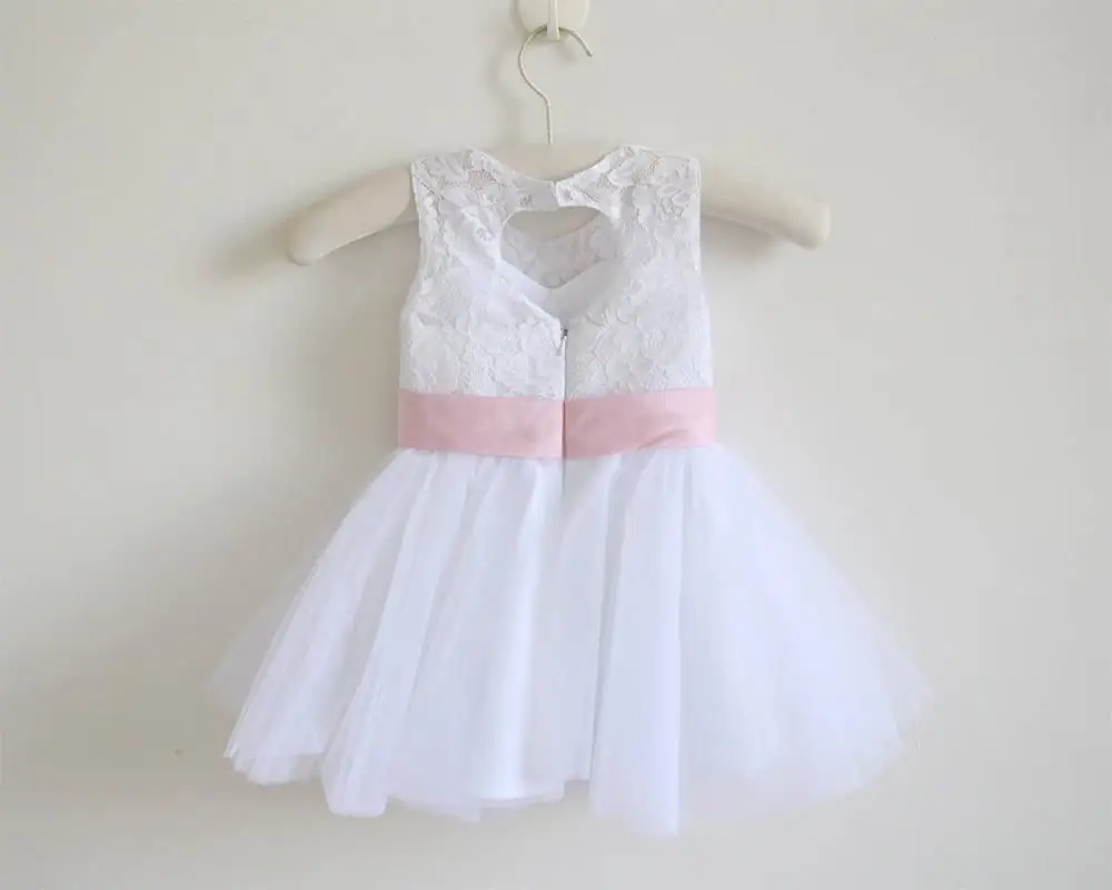 White Lace Flower Girl Dress Pink Baby Girls Tulle Dresses With Sash/Bows Sleeveless | Свадьбы и торжества