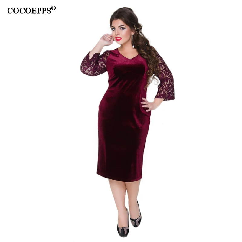 COCOEPPS Large Size Thicken lace Autumn Winter Women Velvet Dress L-6XL Female Clothing Plus Size Red Tunic Dress Vestidos - Цвет: Red