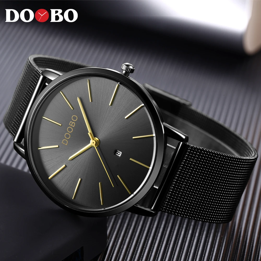 DOOBO Slim Men Quartz Watch Mens Watches Top Brand Luxury Black Blue Stainless Steel Mesh Sport Wrist Male Thin Clock D037 | Наручные