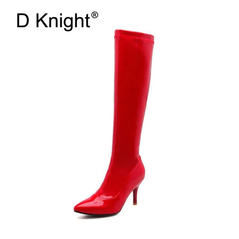 

D Knight Brand New Winter Black Red White Women Thigh High Boots Sexy Lady Dance Pole Shoes High Heel Knee High Boot Big Size 46