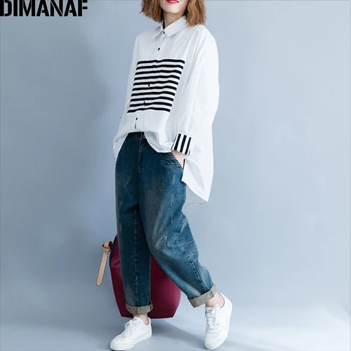 Wen93761CN DIMANAF, женская блузка, рубашка, Женские базовые Топы, одежда из хлопка, с принтом, в полоску, из кусков, повседневная, свободная, размера плюс, кардиган, осень - Цвет: Wen93761CN