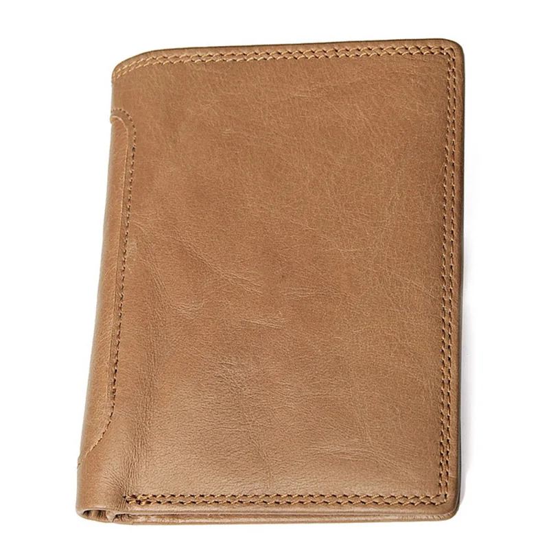 Light Brown Винтажный Мужской кошелек из натуральной кожи, короткие кошельки, Мужской многофункциональный мужской кошелек из воловьей кожи, отделение для монет, фото держатель для карт D-7693 - Цвет: Light Brown