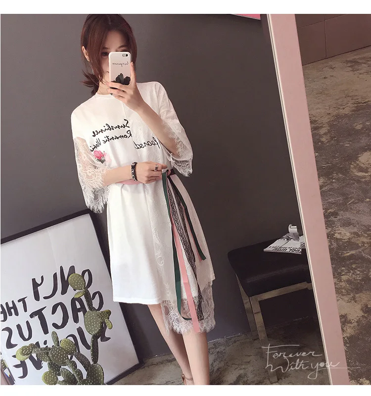 Плюс размер асимметричный подол кружева сшивание хлопок платья 2019 Весна Лето