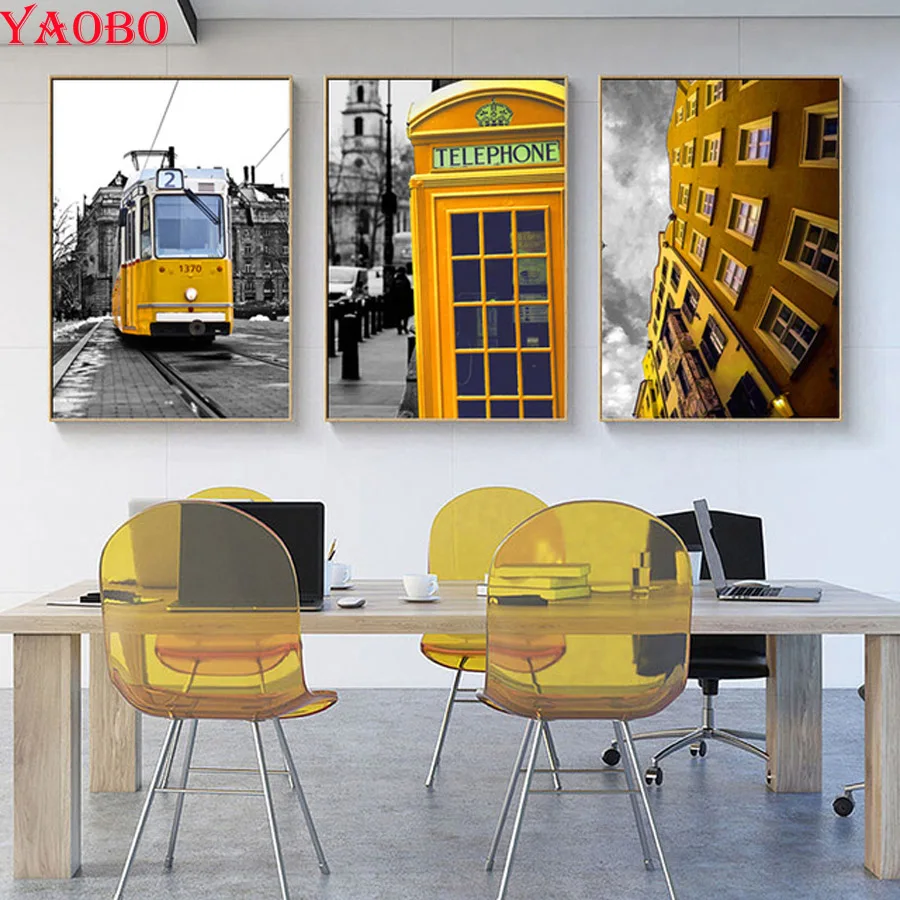 DIY 3D Diamond Embroidery Yellow Building Tram Painting Cross Stitch Mosaic diamond picture of rhinestones 3 PCS/SET | Дом и сад