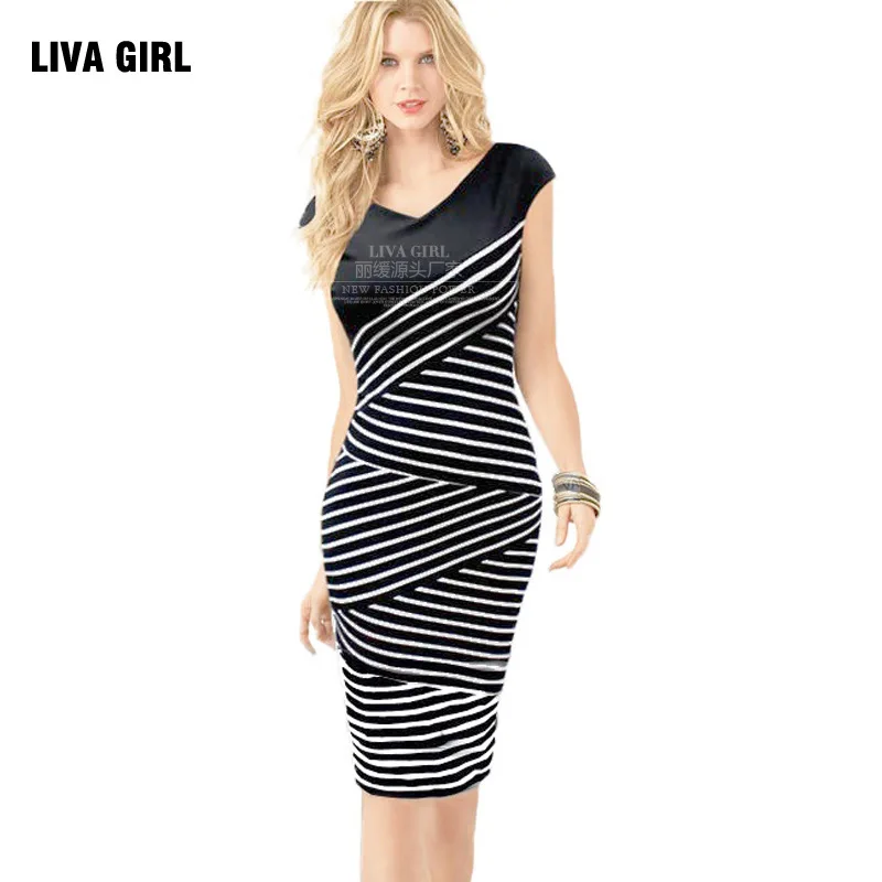 2016 новый элегантный мода женские платья летние рукавов полоса карандаш Bodycon
