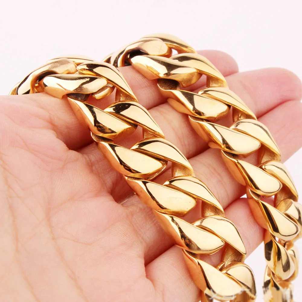 Top Quality Hip Hop Men Miami Cuban Chain Jewelry Gold steel black Thick Stainless Steel Big Chunky Hippie Rock Necklace 15mm | Украшения и