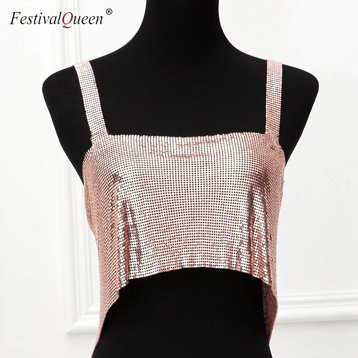 Rose Tank Top FestivalQueen, женские майки с блестками,, модная уличная одежда, блестящая открытая спина, без рукавов, Одноцветный топ на бретельках - Цвет: Rose Tank Top