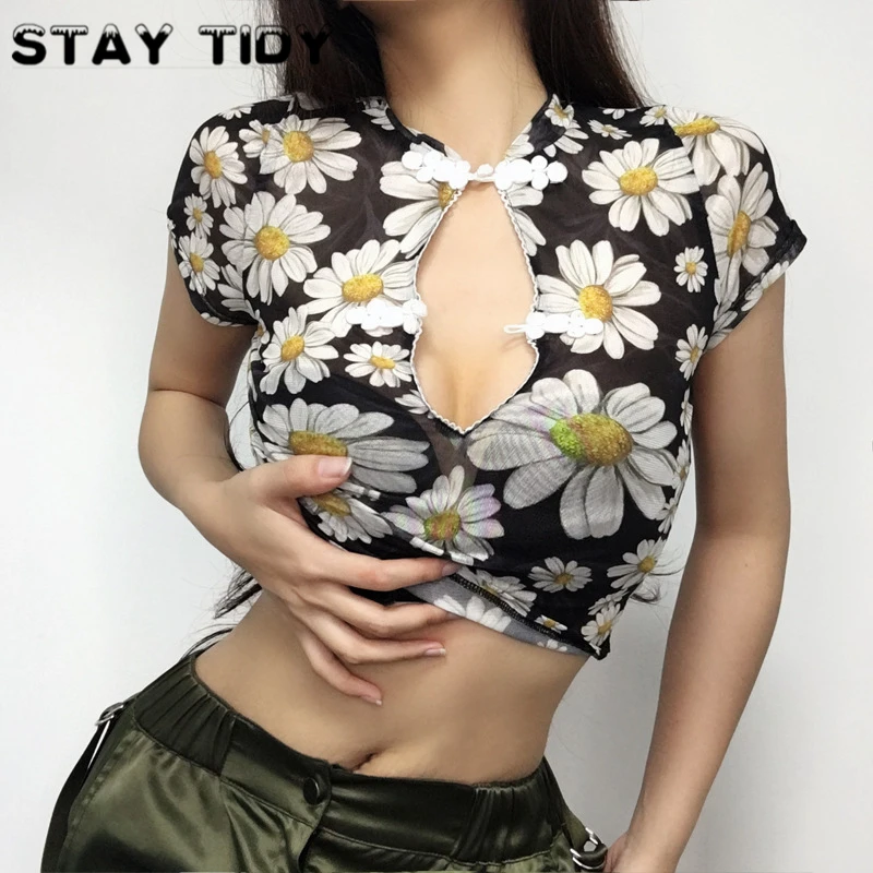 STAY TIDY модная сетчатая прозрачная рубашка с полосатым принтом на одно плечо для