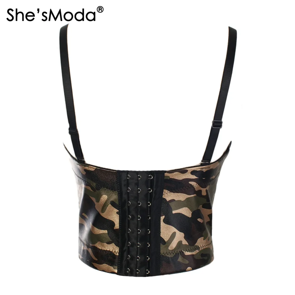 She'sModa Camo PU кожа Bralet женщин Бюстье Бюстгальтер Клуб Партия Обрезанные Топ Жилет