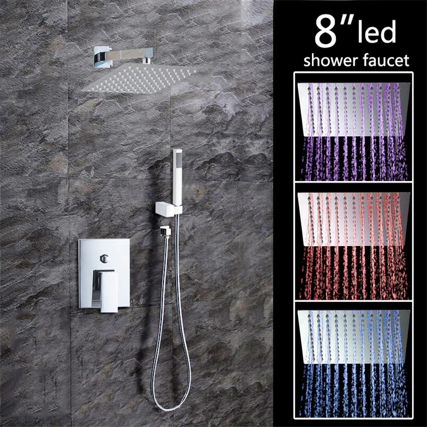 

YANKSMART Shower Set 3 Colors LED Luxury Square Rain 8" Shower Head-Sprayer with 300MM Shower wall pipe shower-set