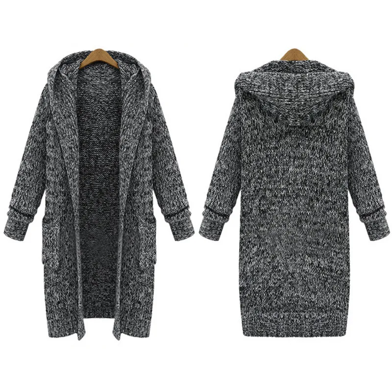 New Large Size Winter Sweater Loose Super Long Hooded Thick Knit Cardigan Grey Women Warm Sleeve Mujer MZ2863 |