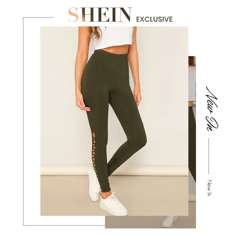 SHEIN Однотонные Леггинсы С Разрезами И Шнуровкой, Модные Легинсы В Стиле Кэжуал